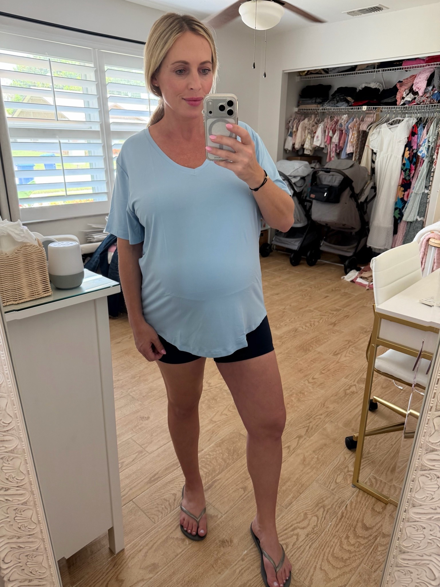V-neck t-shirt. Biker shorts. Flip flops. Pregnancy style. Maternity outfit.

#LTKootd #LTKBump #LTKActive