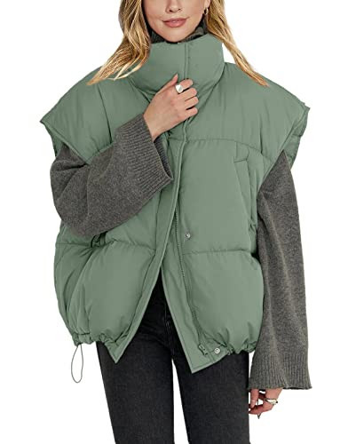 Veatzaer Womens Oversized Puffer Vest Outerwear Stand Collar Drawstring Hem Sleeveless Jackets Zip Warm Winter Coats | Amazon (US)
