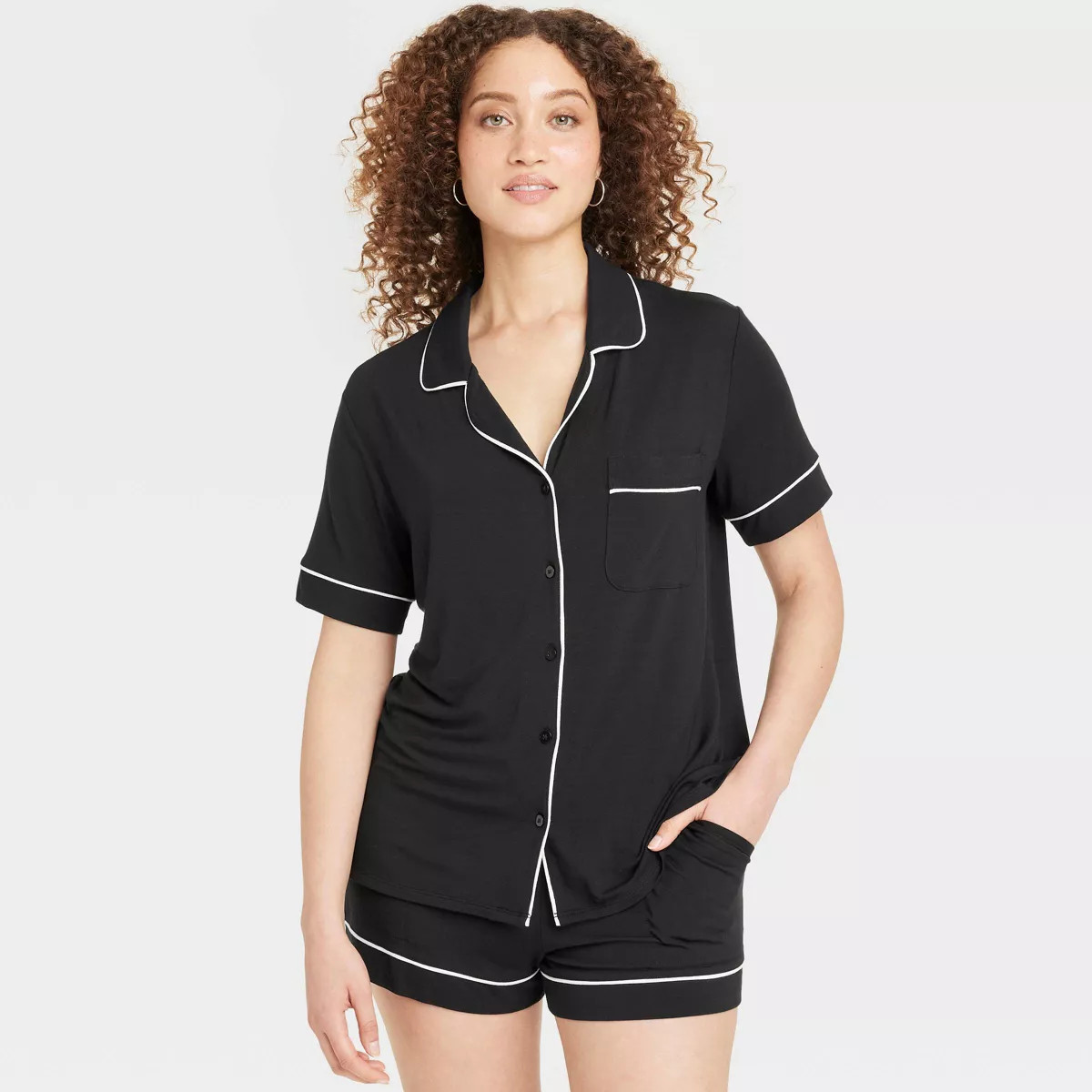 Women's Cloud Knit Short Sleeve Notch Collar Shirt and Shorts Pajama Set - Auden™ | Target