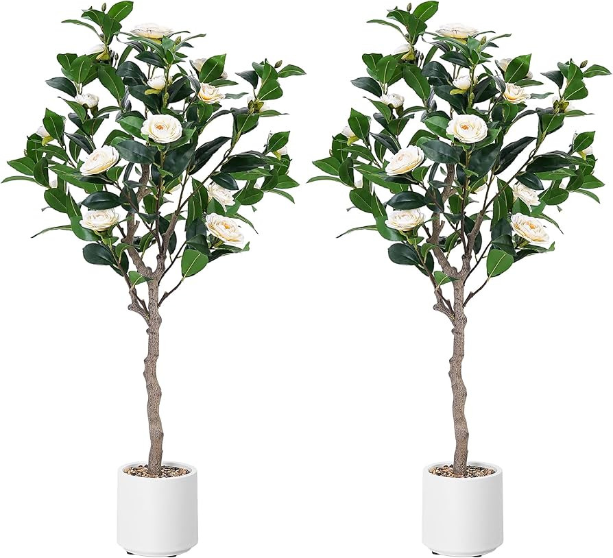 Artificial Camellia Tree 4ft, 2 Pack Indoor Fake Plant with Realistic Trunk, Leaves, Flowers and ... | Amazon (US)