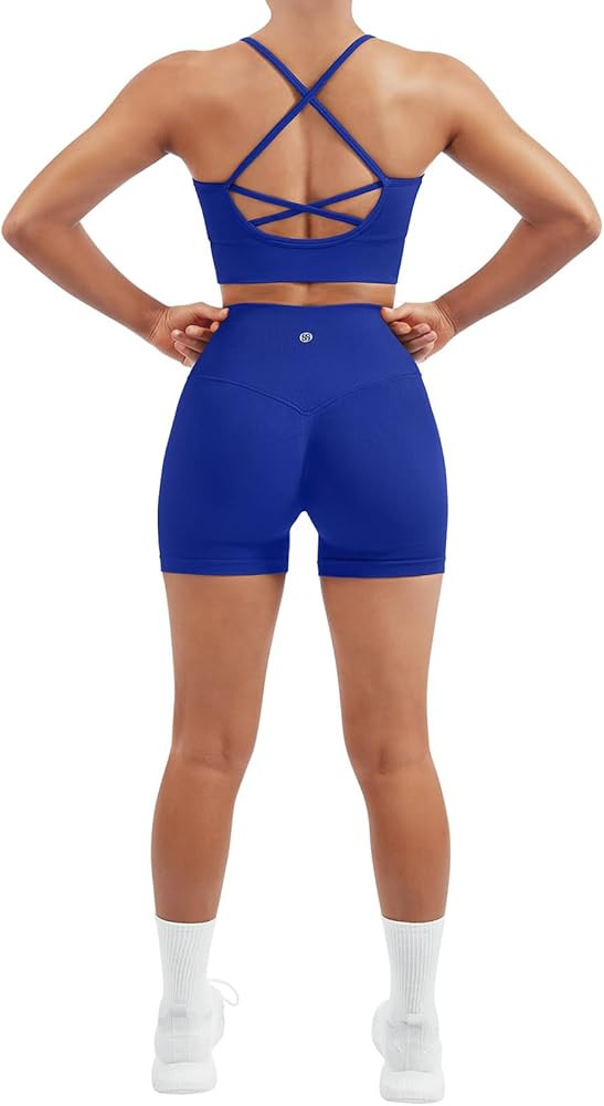 SUUKSESS Women Seamless 2 Piece Workout Sets Criss Cross Sports Bra High Waist Booty Shorts | Amazon (US)