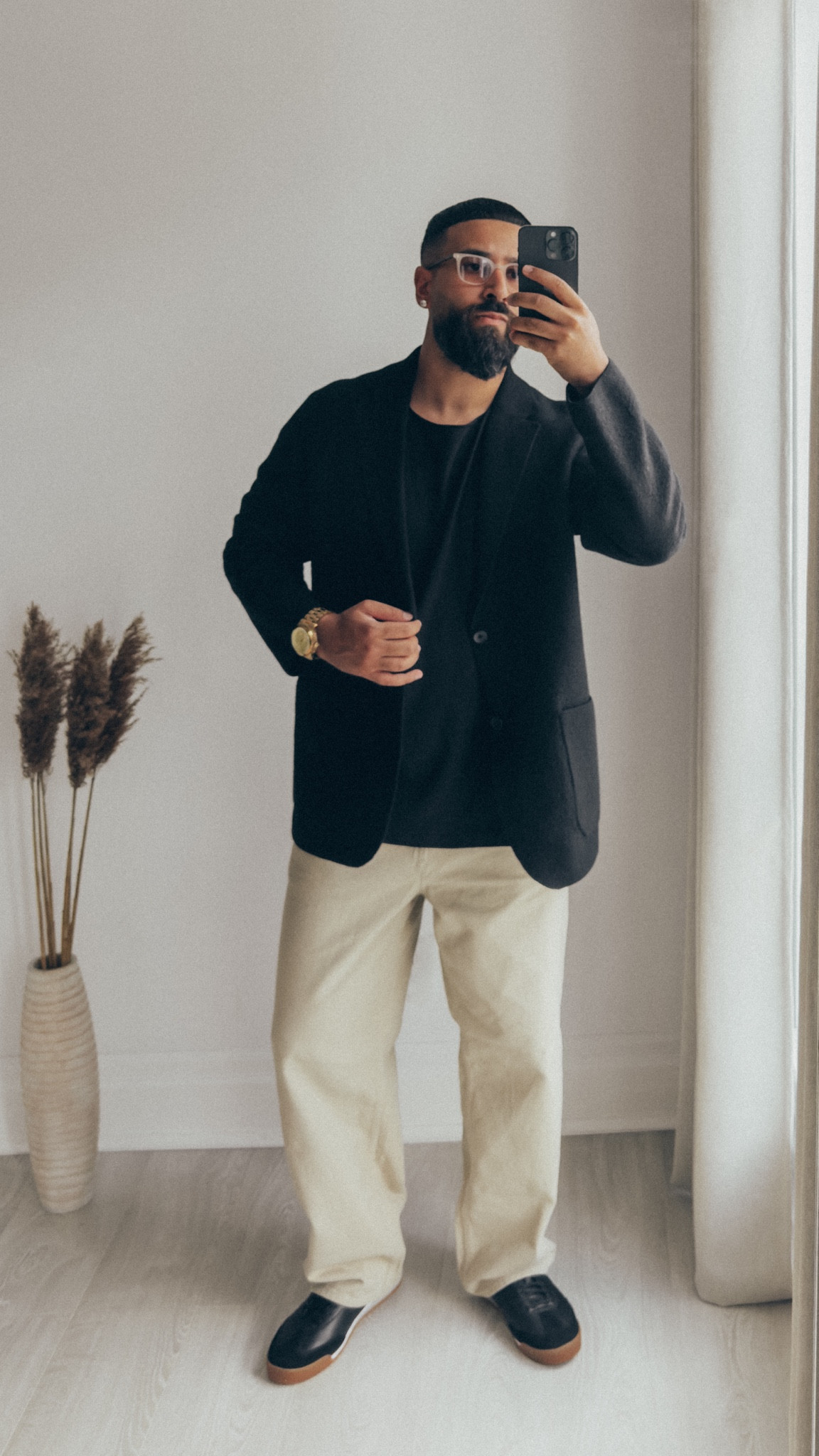 UNIQLO Knitted Jacket in ‘Black’ (size M), Wide Color Jeans in ‘Beige’ (size 32), and Suede Combination Sneakers in ‘Black’ (size 9.5US). FEAR OF GOD 7th Collection Raw Neck T-Shirt in ‘Black’ (size M). FEAR OF GOD x BARTON PERREIRA Glasses in ‘Matte Taupe’. A relaxed and elevated men’s look perfect for the office or for a date night out. 

#LTKStyleTip #LTKWorkwear #LTKMens