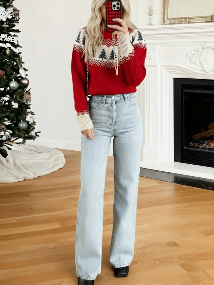 2025 Christmas Soft Argyle Colorblock Geometric Pattern Sweater, Christmas Tree Red Holiday Autumn/Winter | SHEIN