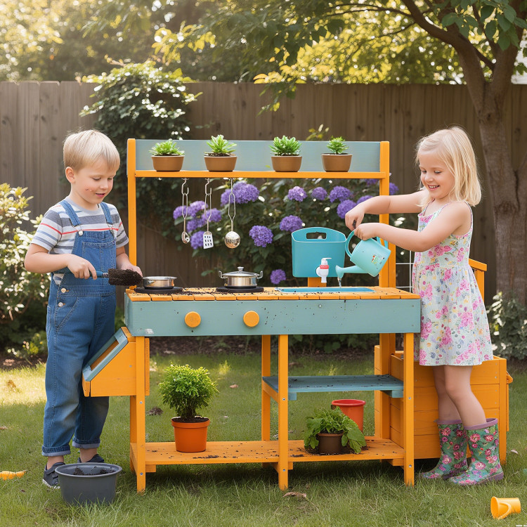 mud kitchen play kids wood wooden indoor outdoor children boy girl gift playset set chef fir wate... | Costway US Affiliate