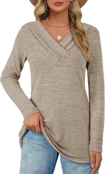 ATHMILE Long Sleeve Shirts for Women Early Fall Fashion Tops 2026 Casual V Neck Button Blouses Tu... | Amazon (US)