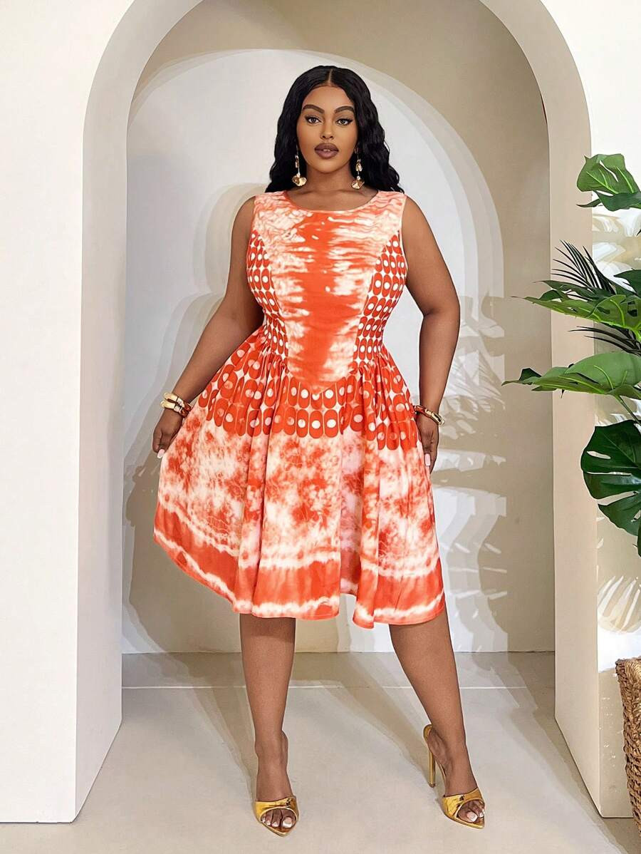 Slaydiva Plus Size Women Dot Tie-Dye Print Crew Neck Sleeveless Casual Dress | SHEIN