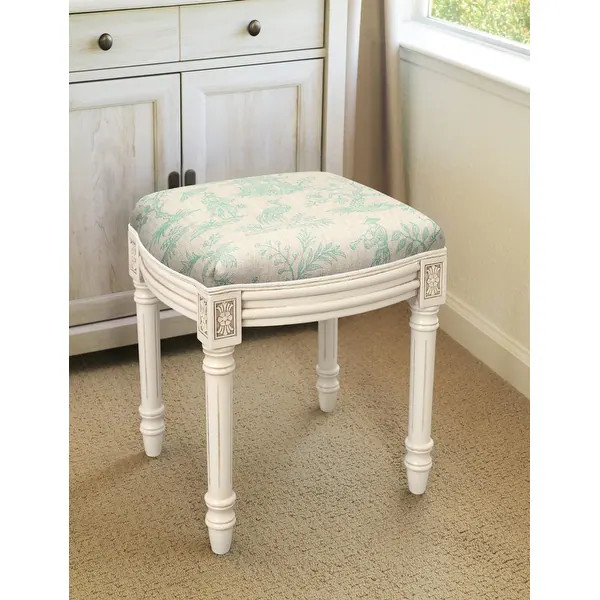 Aqua Chinoiserie Vanity Stool with antique white finish - Bed Bath & Beyond - 35487784 | Bed Bath & Beyond