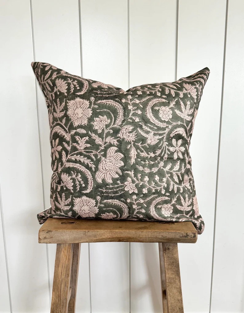 Floral Pillow Cover Dark Green Designer Fabric Modern Farmhouse Neutral Home Decor 18x18 20x20 22... | Etsy (US)