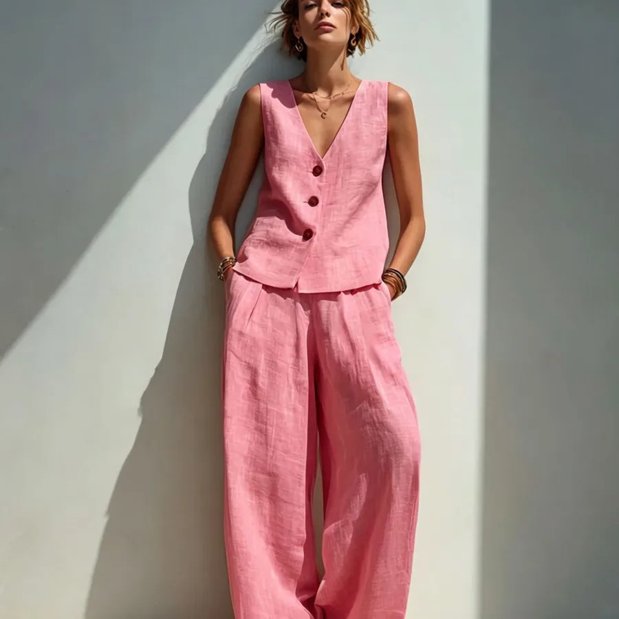 Flexgee Solid Color Linen Wide Leg Pants Pant Co-ord Set with Button Detail, Casual Vacation Style Featuring V Neck - S / Pink | Shop.app