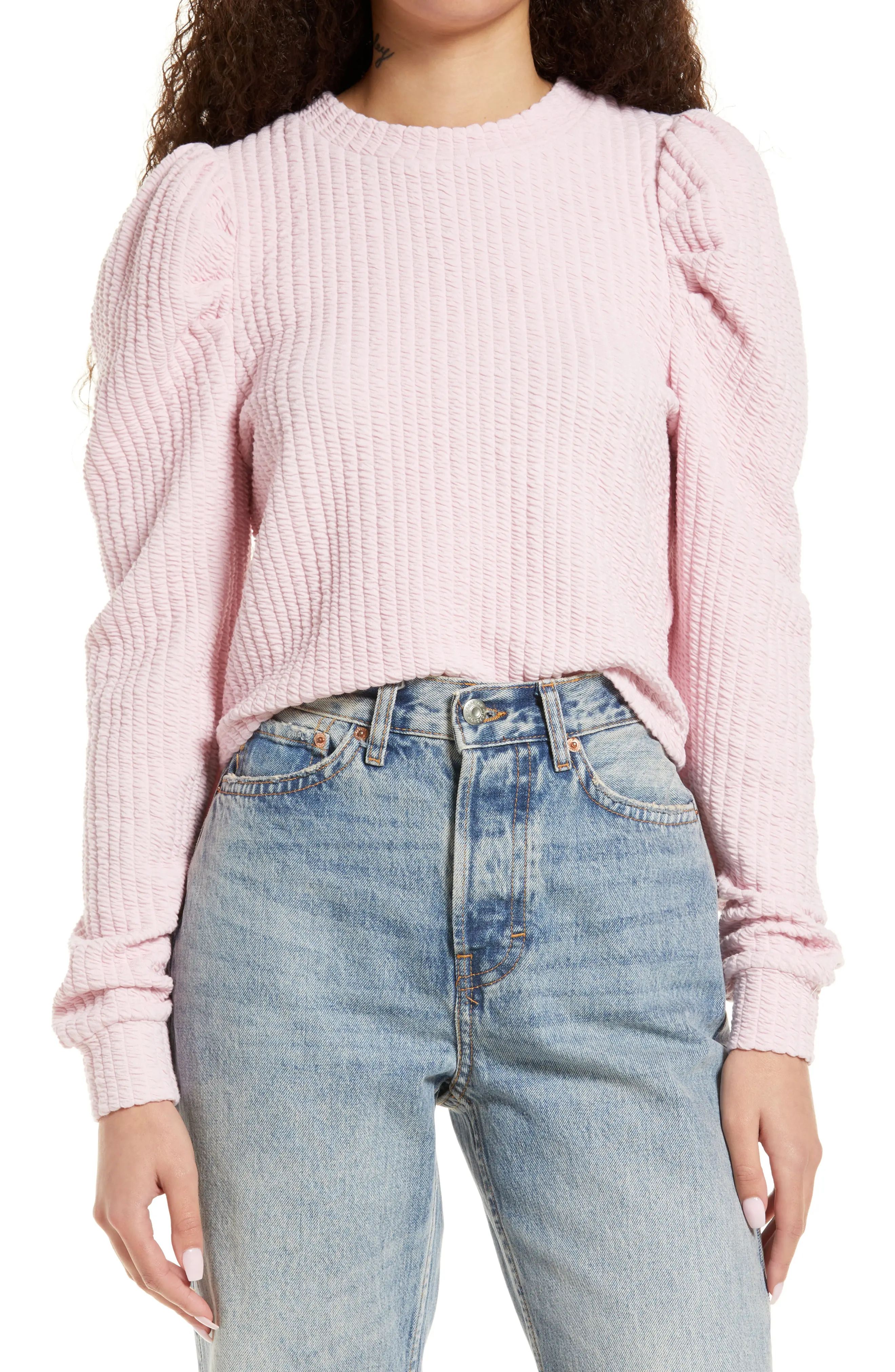 VERO MODA Hela Puff Sleeve Crop Sweatshirt in Parfait Pink at Nordstrom, Size Large | Nordstrom