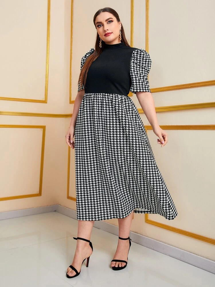 SHEIN Plus Houndstooth Mock Neck Puff Sleeve Dress | SHEIN