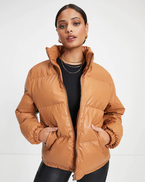 Raza Pocketed Faux Leather Puffer Jacket - Camel | VICI