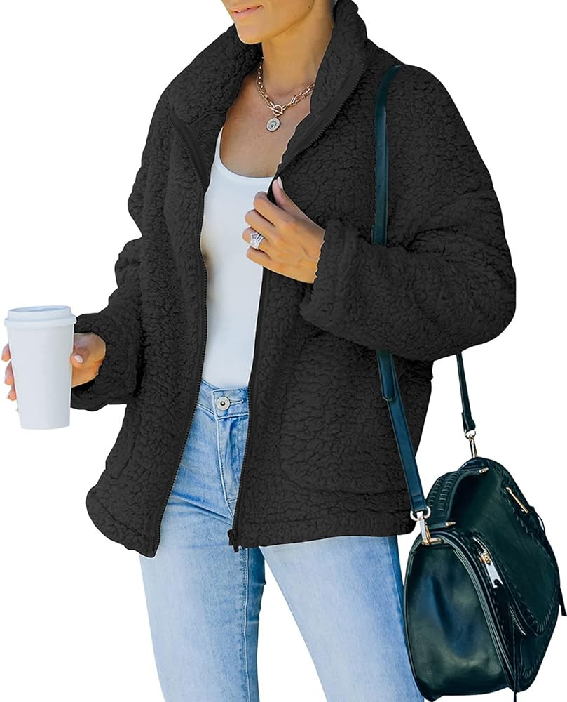 POTANY Women's Faux Shearling Oversized Warm Winter Coat Casual Solid Zip Up Teddy Shaggy Long Sleev | Amazon (US)