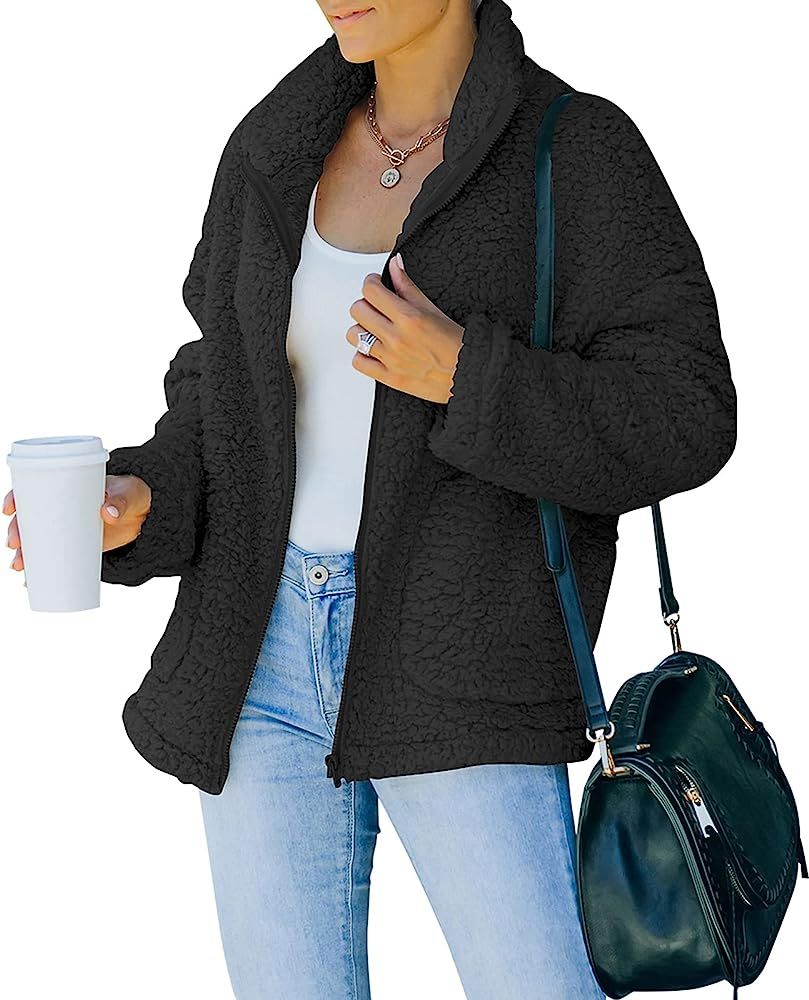 POTANY Women's Faux Shearling Oversized Warm Winter Coat Casual Solid Zip Up Teddy Shaggy Long Sleev | Amazon (US)