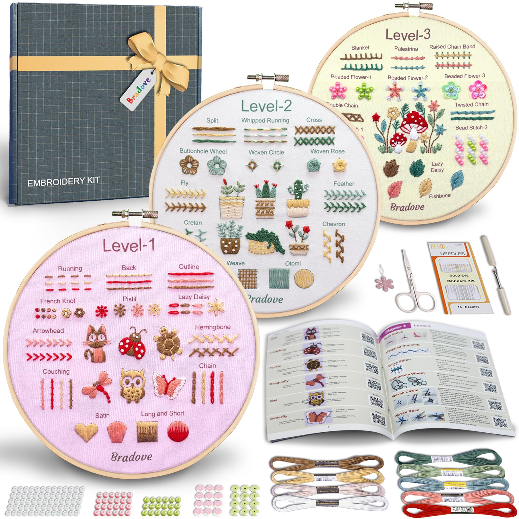 Bradove Beginner Embroidery Kit for Adults Kids, Learn to Embroider 37 Stitches and 13 Cute Patte... | Amazon (US)