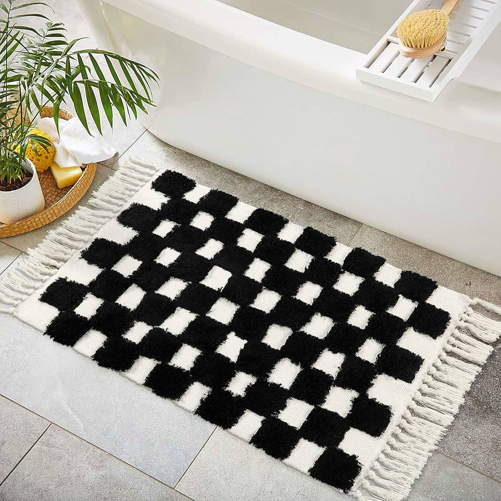 Lahome Checkered Boho Bathroom Rugs, Small 2x3 Black Rug Washable Door Mats Indoor Woven Cotton A... | Amazon (US)
