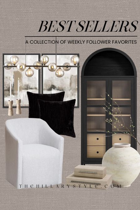 Weekly Best Sellers Home: furniture and decor from Pottery Barn, Walmart, Amazon, Target. Arc cabinet, accent chair, throw pillows, wall art, chandelier, candle stick holder, decorative boxes, vase, faux floral.

#LTKHome #LTKSeasonal #LTKStyleTip