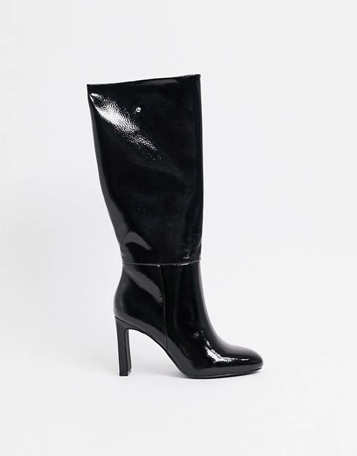 ASOS DESIGN Current pull on knee boots in black patent | ASOS (Global)
