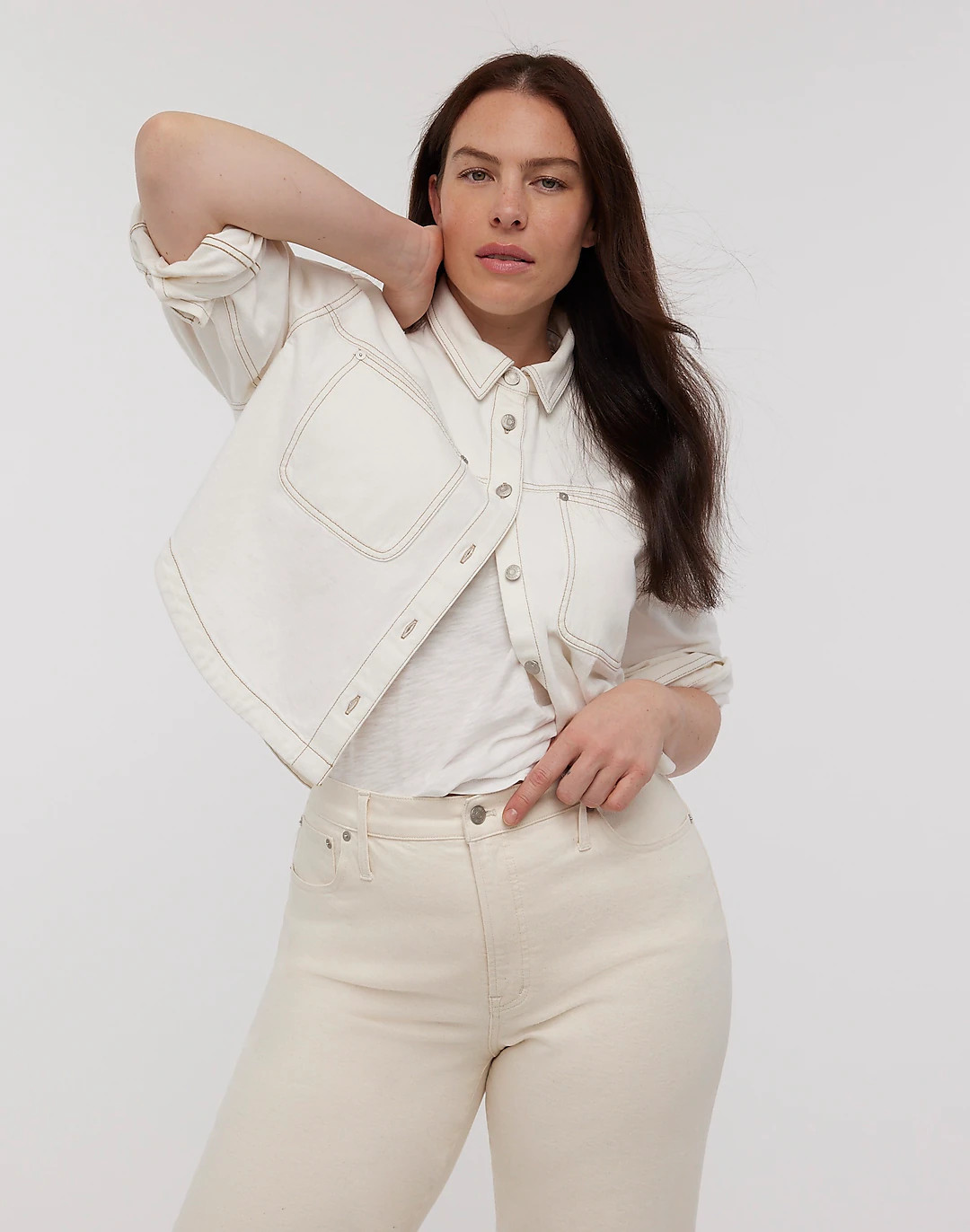 Denim Long-Sleeve Crop Shirt in Tile White | Madewell