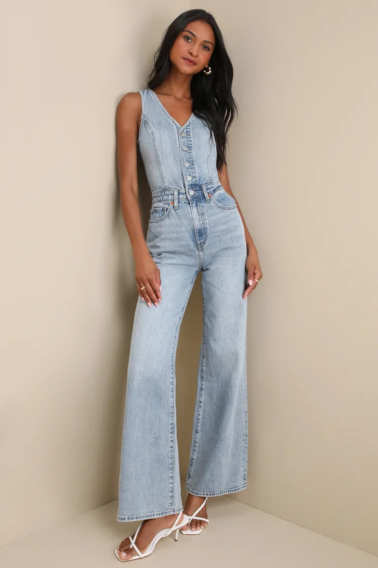 Denim Vest Medium Wash Sleeveless Wide-Leg Jumpsuit | Lulus