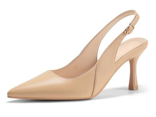 Coutgo Women's Slingback Kitten Heels Closed Pointed Toe Pumps Work Wedding Dress Shoes, Light Khaki Pu, Size 9.5 | Amazon (US)