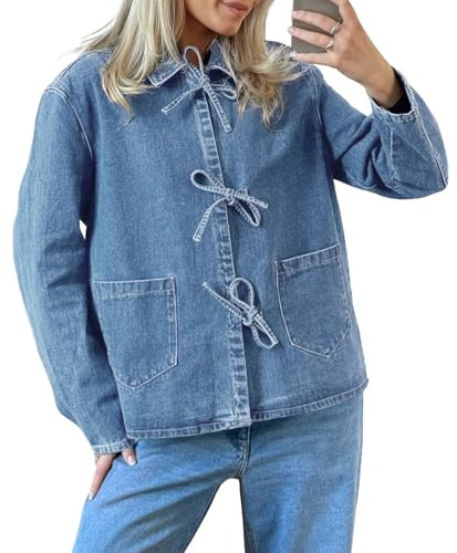 PLNOTME Womens Jean Jacket Tie Front Denim Shacket Tops Fall Fashion Long Sleeve Shirts Coat with Pockets | Amazon (US)