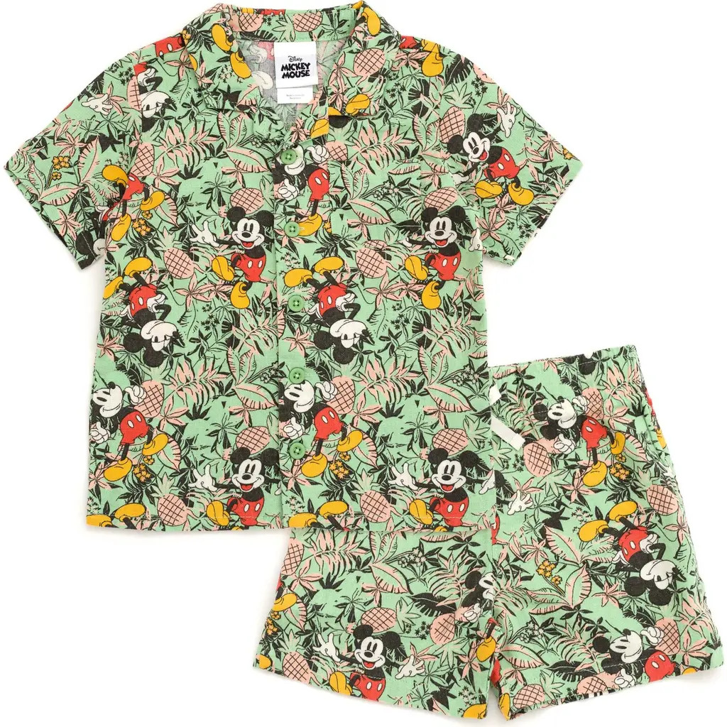 Disney Mickey Mouse Button-Down T-Shirt & Shorts Set in Green at Nordstrom, Size 4T | Nordstrom