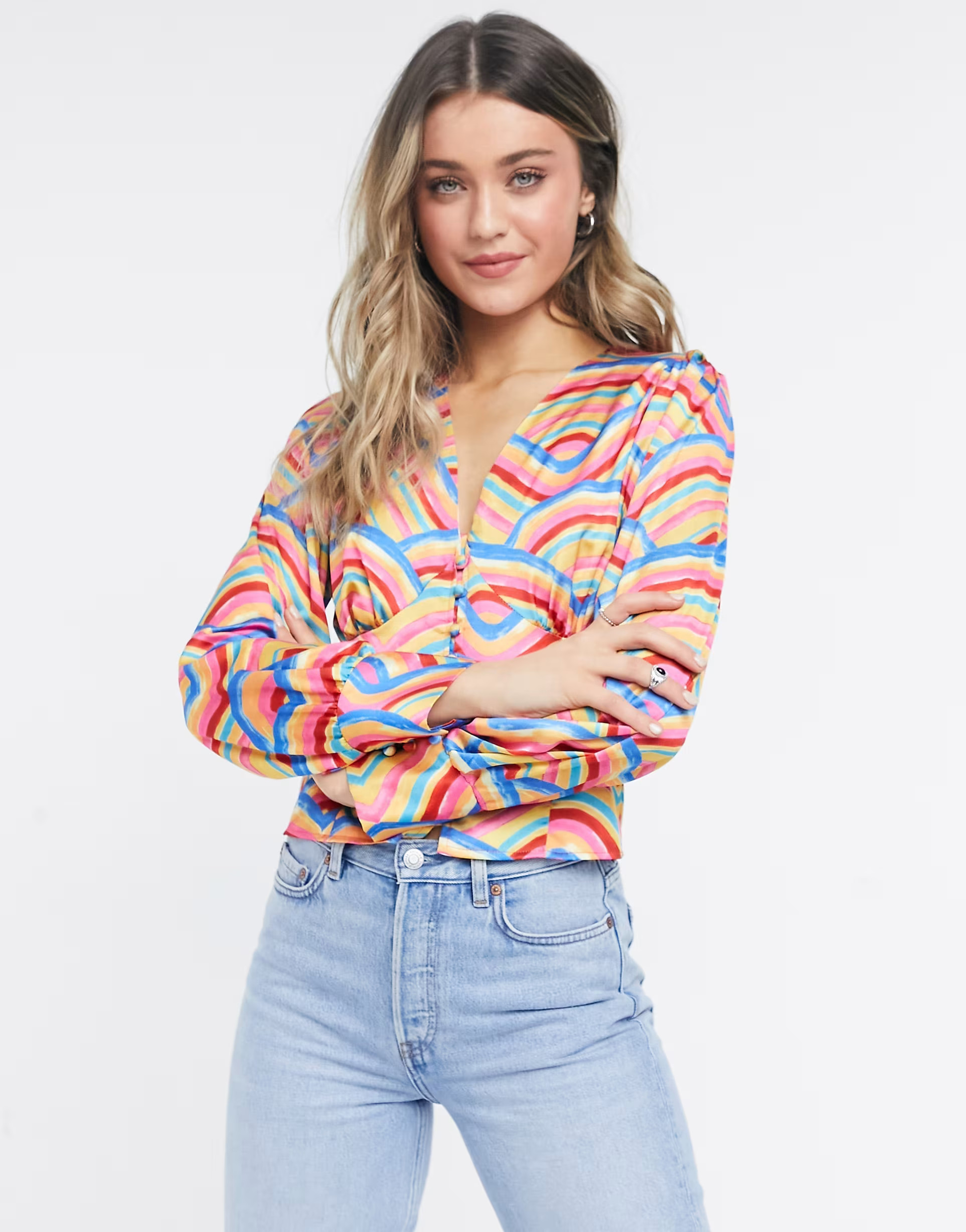 Never Fully Dressed button detail blouse set in rainbow tile print | ASOS (Global)