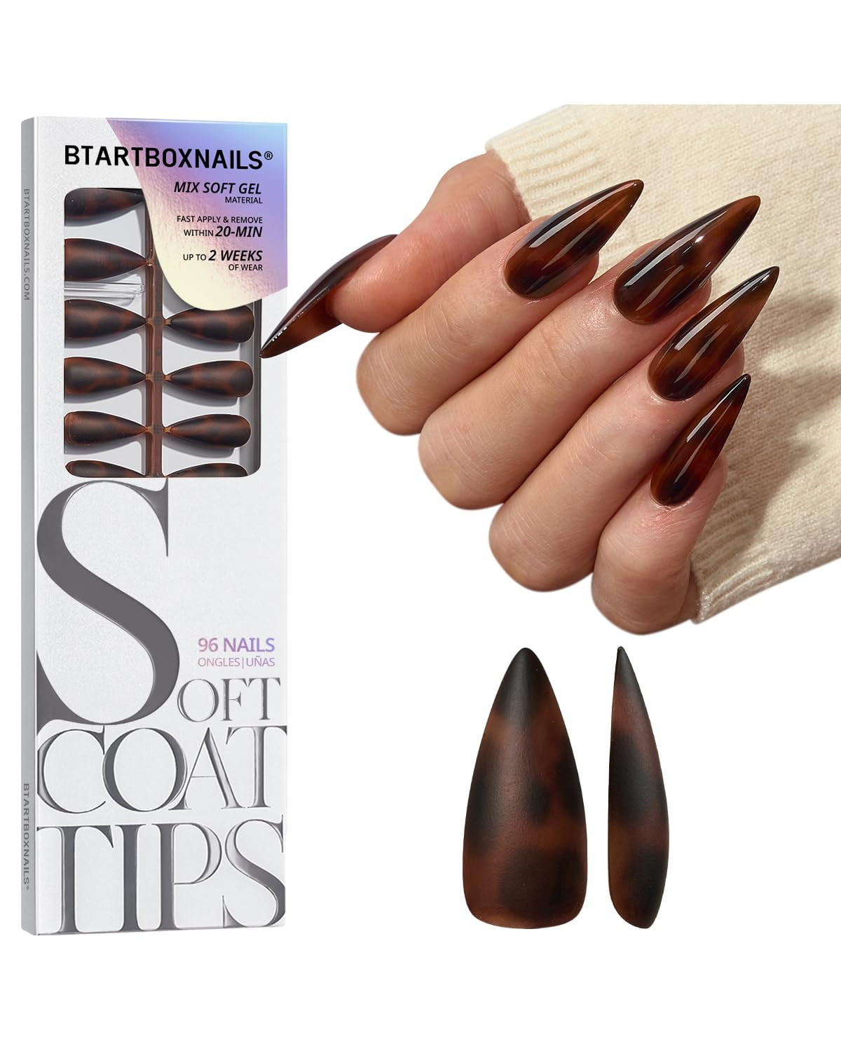 BTArtboxnails SOFTCOATTIPS Press On Nails - Tortoiseshell Long Stiletto Press On Nails, 96Pcs Sal... | Amazon (US)