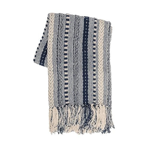 RAJRANG Cotton Braided Striped Throw Blanket 50x60 Inches Soft Cozy Navy Blue Blanket with Decorative Tassels for Sofa Couch Chair Bed Home Decor | Amazon (US)