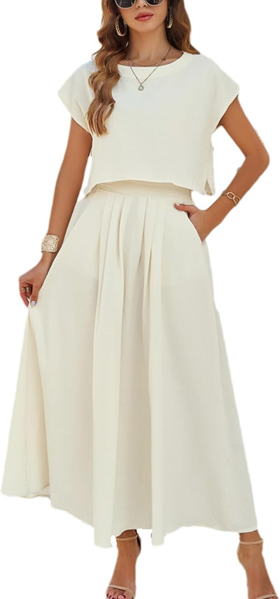 HangNiFang Summer Skirt Sets Women 2 Piece Outfits Cap Sleeve Top Elastic Waist Lightweight Maxi ... | Amazon (US)