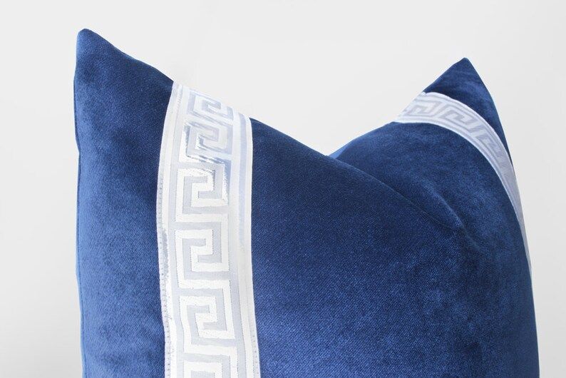 Blue and White Velvet Pillow Cover White Greek Key Applique | Etsy | Etsy (US)