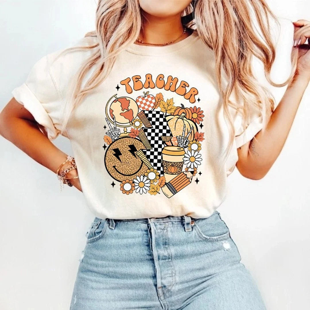 Fall Teacher Shirt, Retro Fall Vibes Teacher T-shirt, Back to School Shirt, Autumn Shirt, Retro S... | Etsy (US)