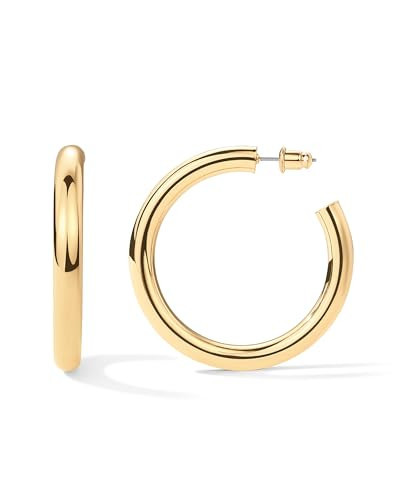 PAVOI 14K Yellow Gold Plated Lightweight Chunky Open Hoops - Gold Earrings for Women - 50mm Thick Infinity Hoops | Amazon (US)