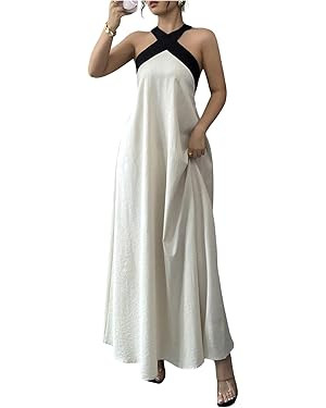GORGLITTER Women's Halter Tie Backless Flowy Maxi Dress Bow A Line Long Dresses Wedding Guest Dre... | Amazon (US)