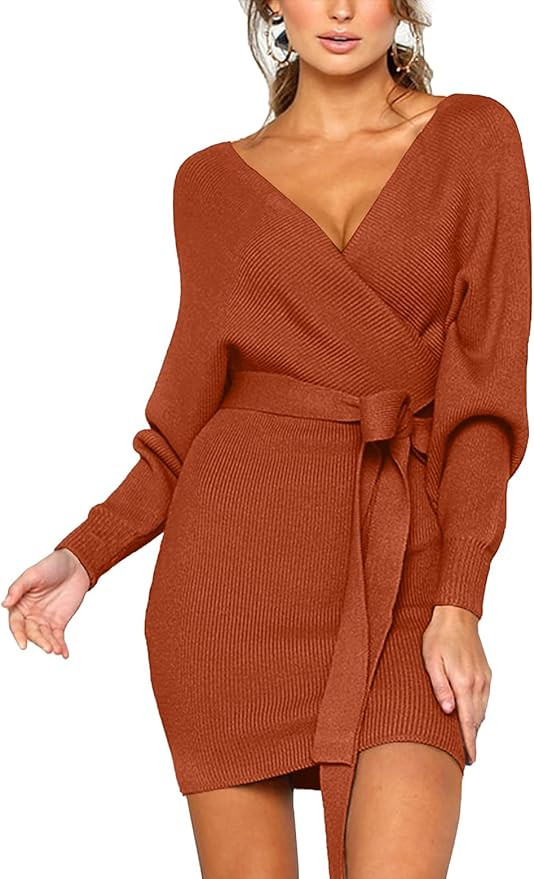 CHERFLY Women's V Neck Sweater Dresses Batwing Long Sleeve Backless Bodycon Dress with Belt | Amazon (US)