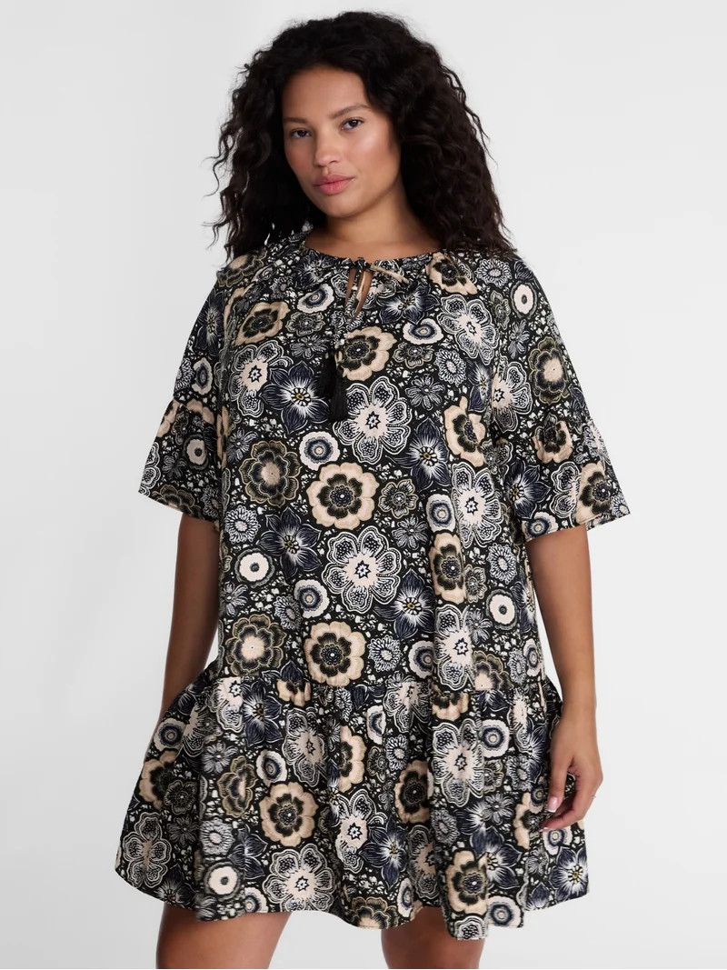 Terra & Sky Women's Plus Tie Front Mini Swing Dress with Short Puff Sleeves, Sizes 0X-4X | Walmart (US)