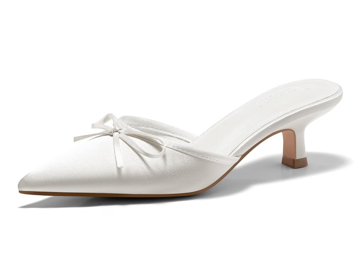 Coutgo Womens Kitten Heels Mules with Bow Satin Slip on Pumps Closed Pointed Toe Dress Wedding Pa... | Amazon (US)