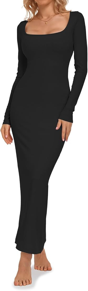Relety Women's Bodycon Maxi Dresses Ribbed Long Sleeve Lounge Long Dress Square Neck Formal Casual D | Amazon (US)