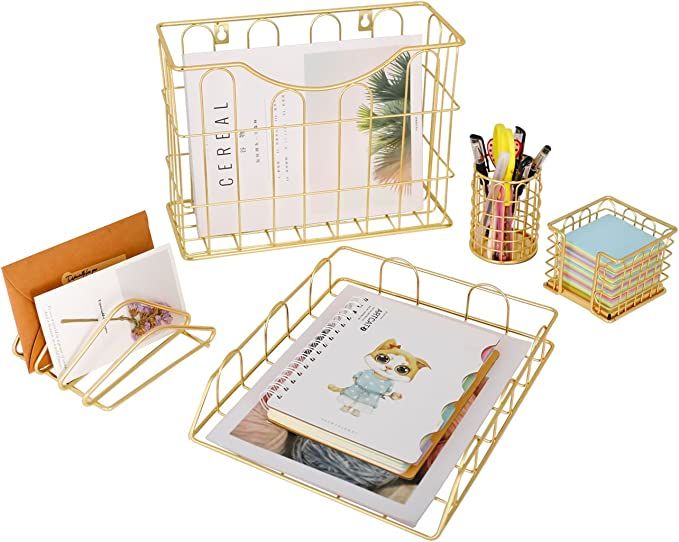 Superbpag Office 5 in 1 Desk Organizer Set Gold- Letter Sorter, Pencil Holder, Stick Note Holder,... | Amazon (US)