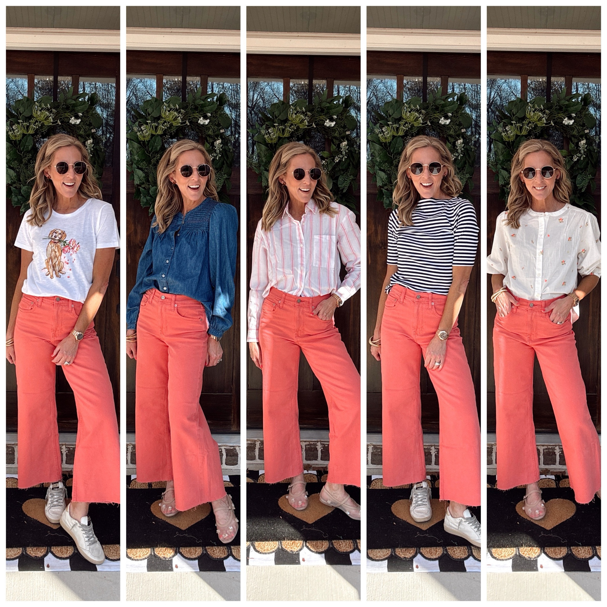 Women’s high stride wide leg ankle jeans in the color, fresh coral pink are on sale today. $55.  The perfect jeans for spring and summer come in regular tall and petite.- I am wearing the regular size 26. 
Paired here with all tops on sale today too! Wearing an xs in all. 
  



#LTKSaleAlert #LTKStyleTip #LTKOver40