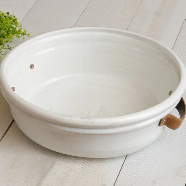 Large Ceramic Bowl With Faux Leather Handles | Antique Farm House
