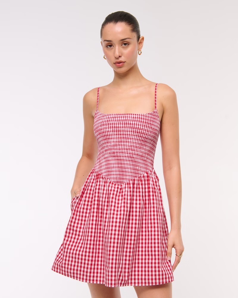 Women's Dipped-Waist Smocked Mini Dress | Women's 25% Off Vacation Essentials | Abercrombie.com | Abercrombie & Fitch (US)