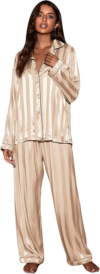 MakeMeChic Women's 2 Piece PJ Set Striped Long Sleeve Top and Pants Pajama Set | Amazon (US)