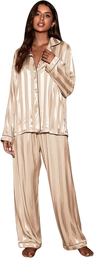 MakeMeChic Women's 2 Piece PJ Set Striped Long Sleeve Top and Pants Pajama Set | Amazon (US)