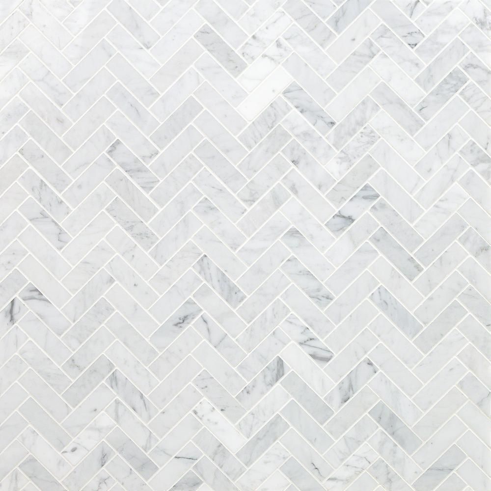 White Carrara Herringbone 12 in. x 12 in. 10mm Polished Marble Stone Mosaic Wall Tile (1 sq. ft.) | The Home Depot