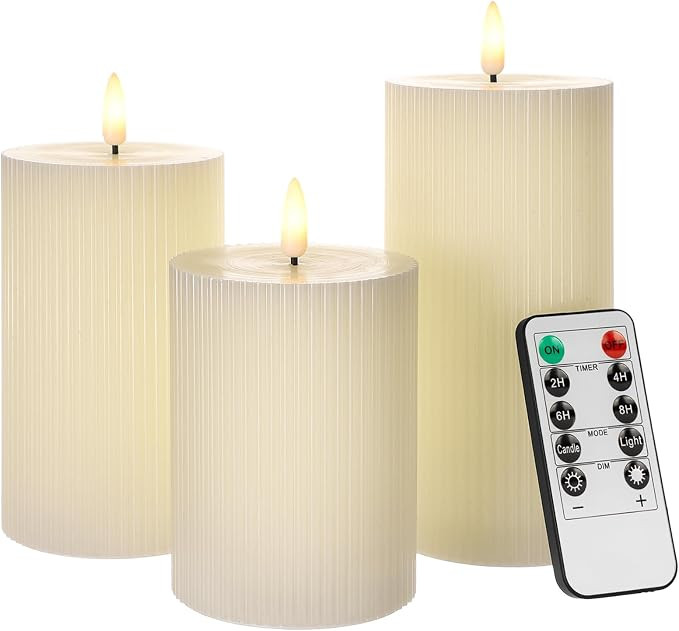 ANGELLOONG Ribbed Flameless Pillar Candles with Remote, Set of 3 Ivory Real Wax LED Candles Batte... | Amazon (US)