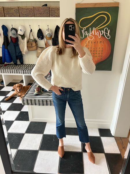 Outfit of the day: cream puff sleeve sweater by Love Shack Fancy, my favorite Madewell jeans and Jenni Kayne kitten heel mules. All run tts! Wearing a small in the sweater. 

#LTKstyletip #LTKSeasonal #LTKover40