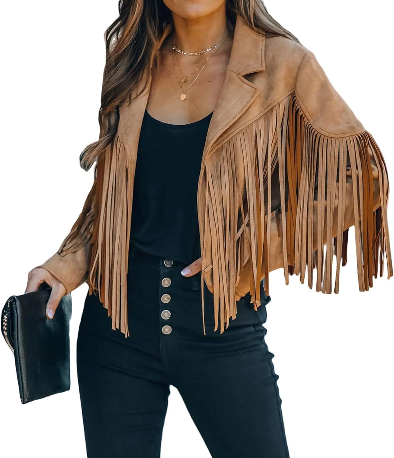 CHARTOU Casual Faux Leather Jacket Women Motorcycle Jacket Fringe Cropped Jacket Utility Tassel S... | Amazon (US)