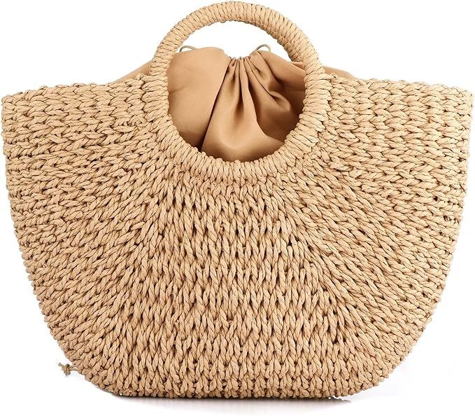 EROUGE Natural Chic Straw Bag Hand Woven Round Handle Handbags Retro Summer Beach Bag Beach Bag | Amazon (US)